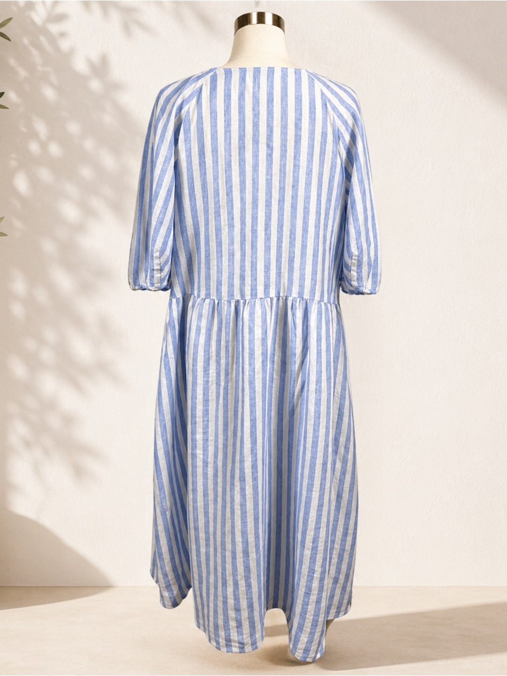 Everlane Linen Midi Dress Blue White Stripe Puff Sleeve Pockets L NWOT - Picture 5 of 16